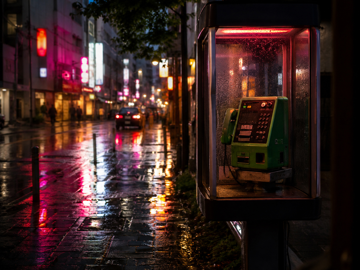 雨の日本の街角にある公衆電話