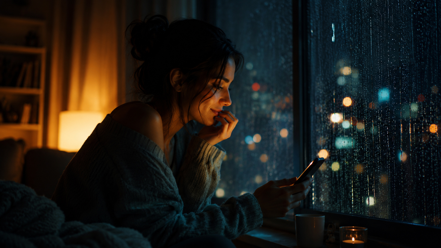 雨の窓辺で光る電話と静かな部屋