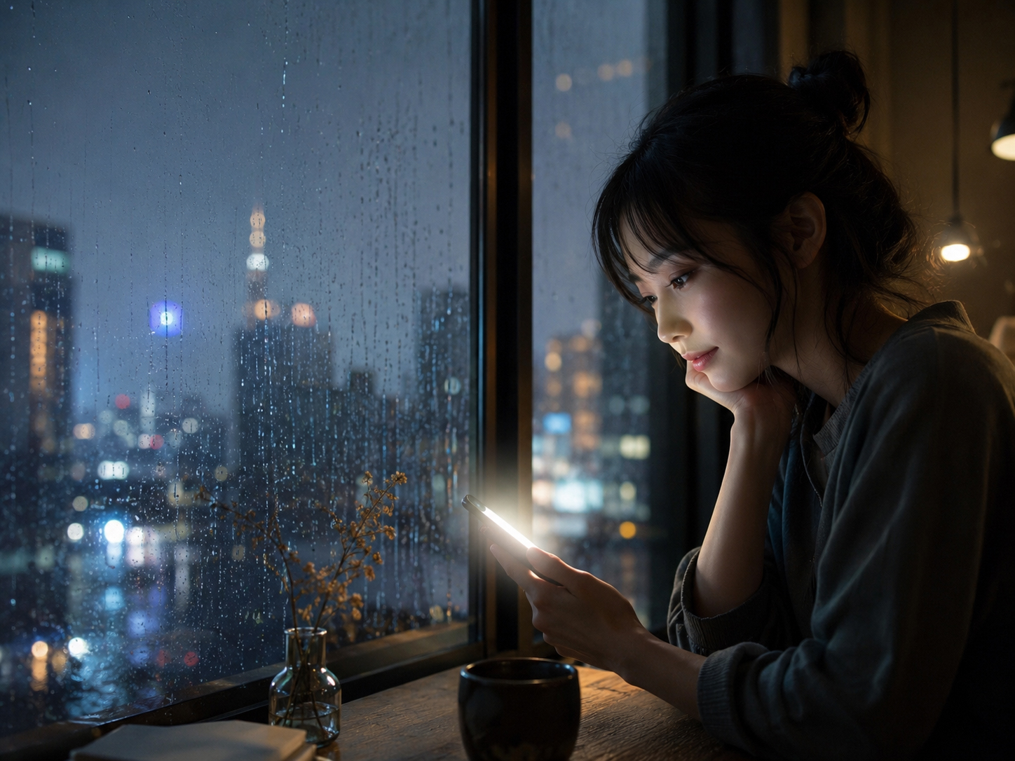 雨の窓辺で光るスマートフォン