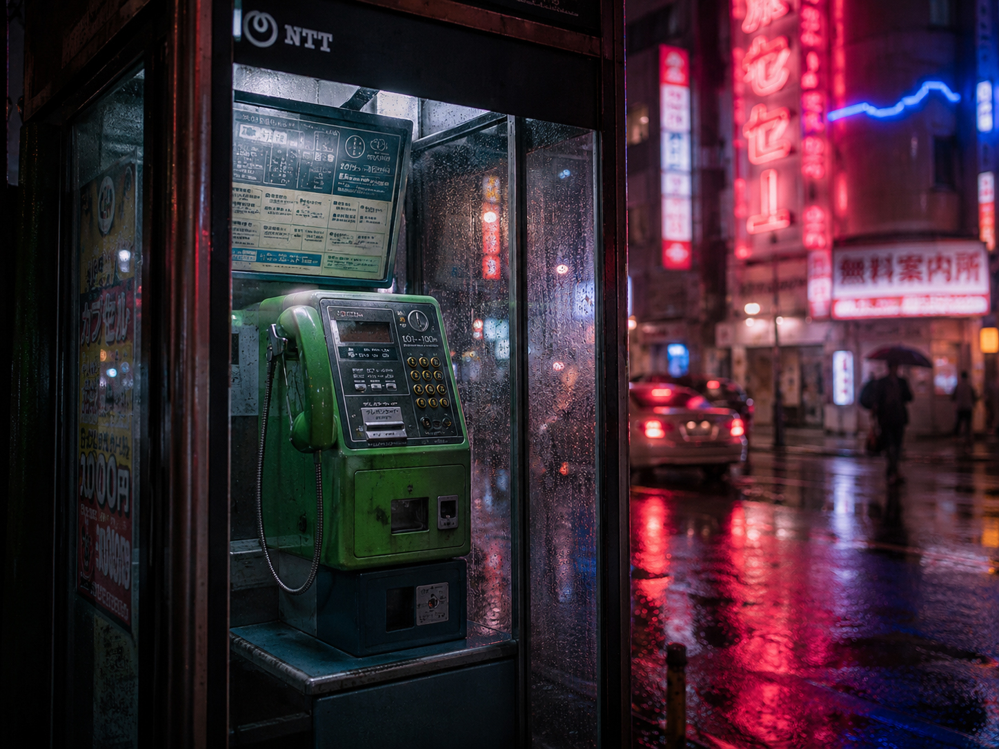 ネオンの雨に濡れる公衆電話