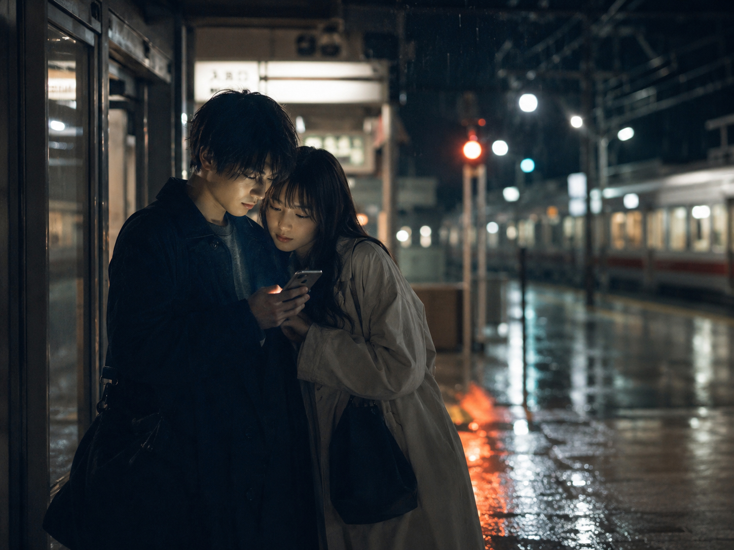 雨の駅前で電話の光を見つめる二人