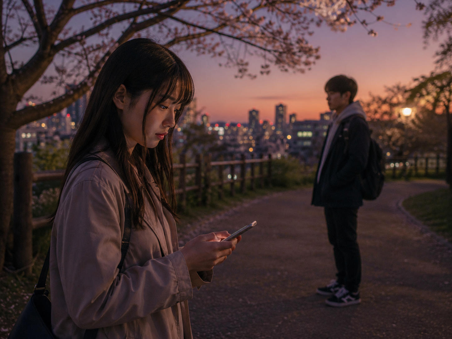 夕暮れの公園で告白のあと電話を見つめる人