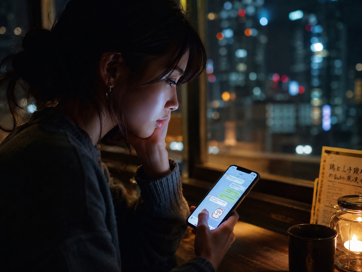 夜の部屋で光るLINE風のチャット画面