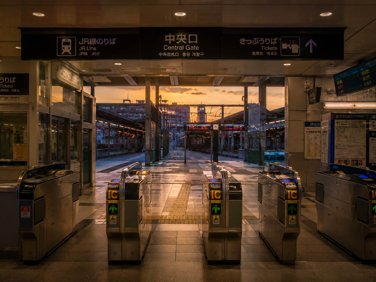 夕方の駅の改札