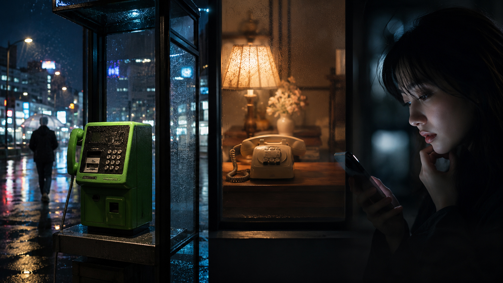 日本の公衆電話、家の電話、携帯電話が夜の机に並ぶ情景