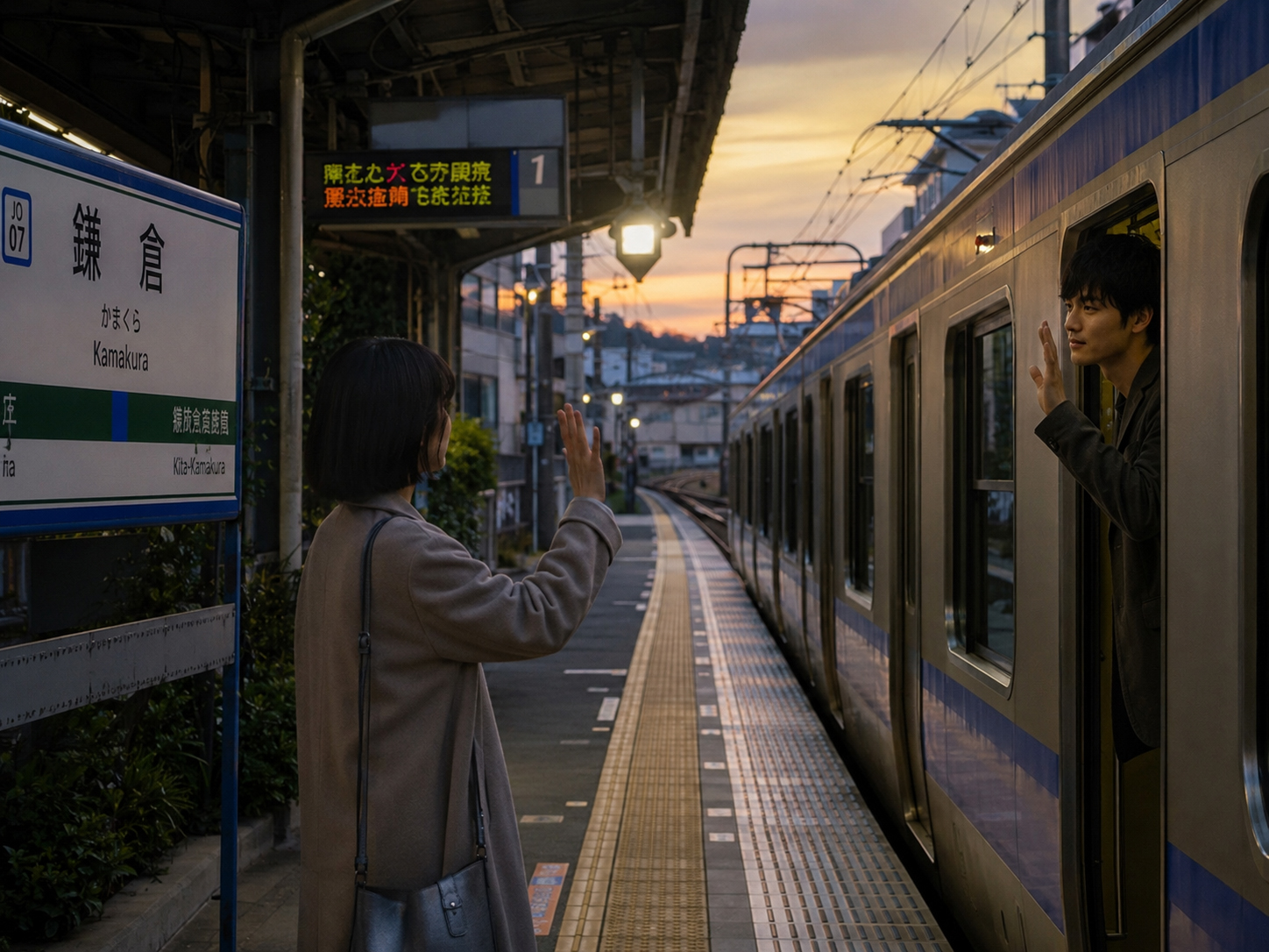 夕暮れの駅のホームで別れ際に立ち止まる二人