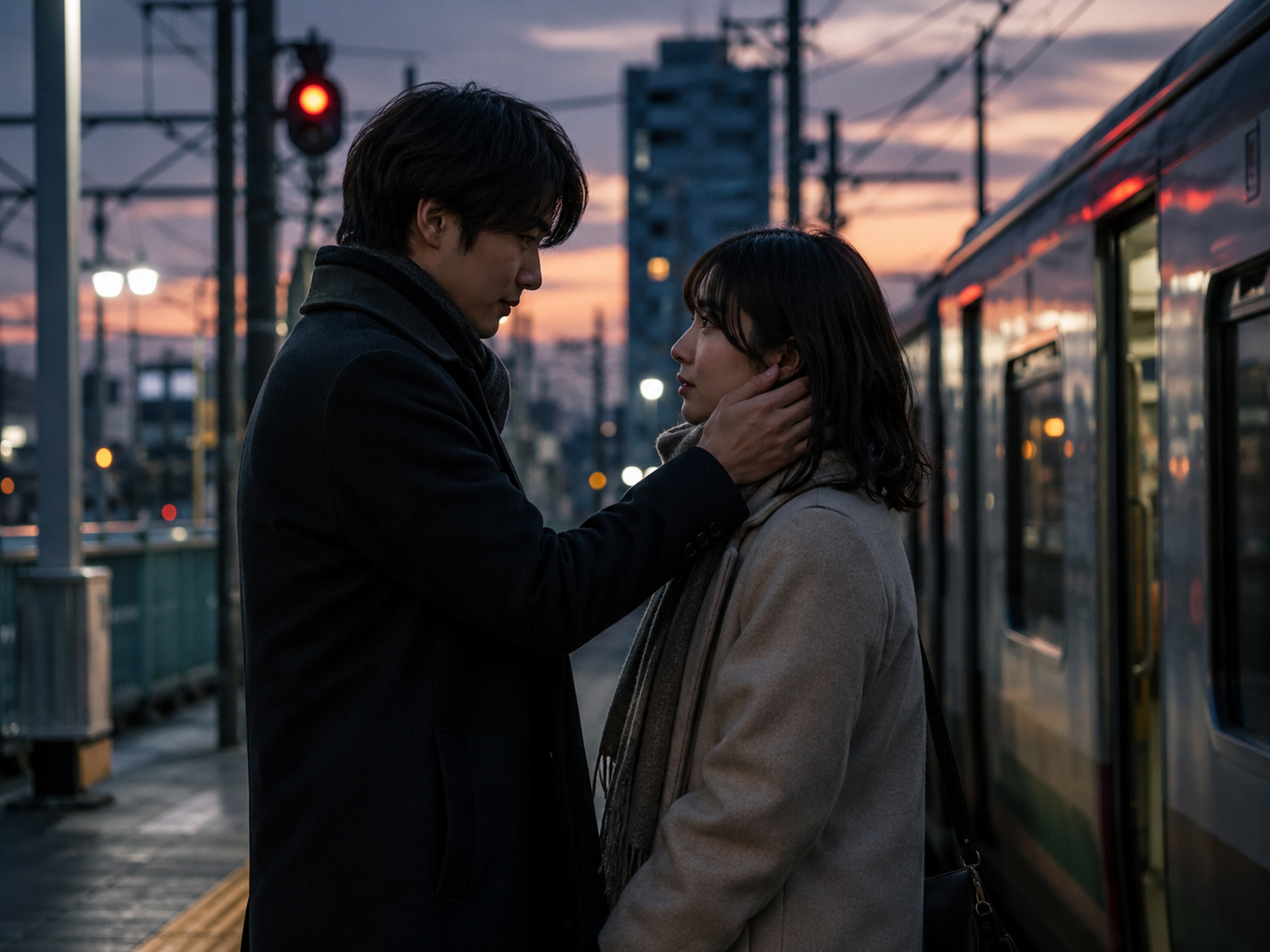 夕方の駅のホームで別れる二人