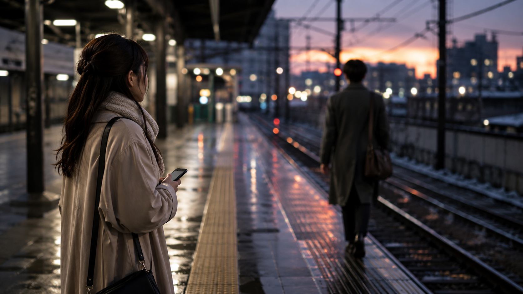 夕暮れの駅のホームで別れ際に立ち止まる二人