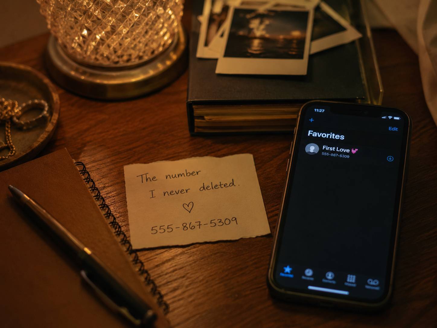 夜の机に置かれた手書きの電話番号メモとスマートフォン