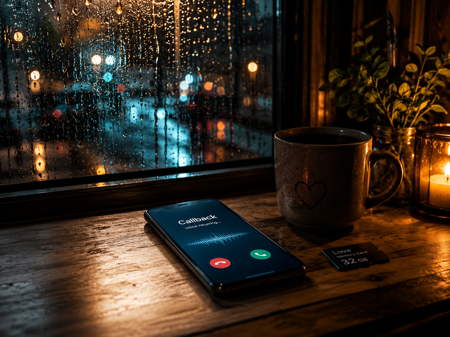 雨の窓辺で電話を持ち、誰かの声を思い出す夜