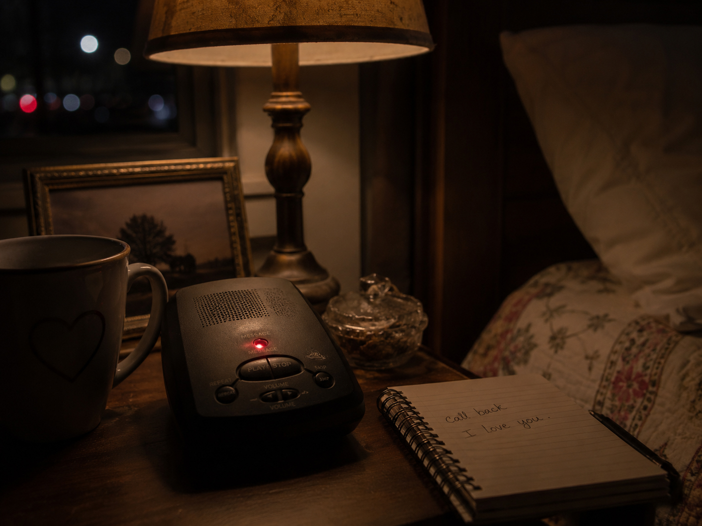 夜の部屋で赤いランプが点滅する留守番電話
