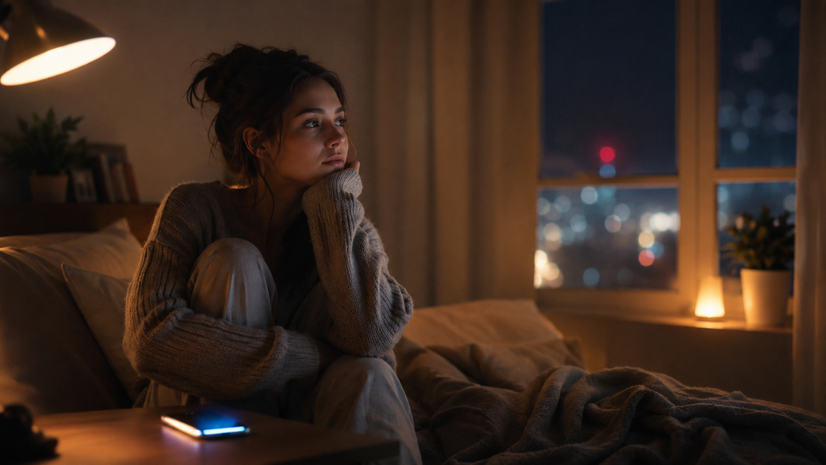 夜の部屋でスマートフォンの光を見つめながら電話を待つ人