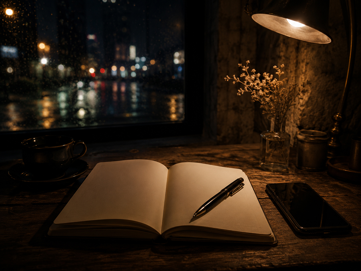 夜の机に置かれたノートと光る電話
