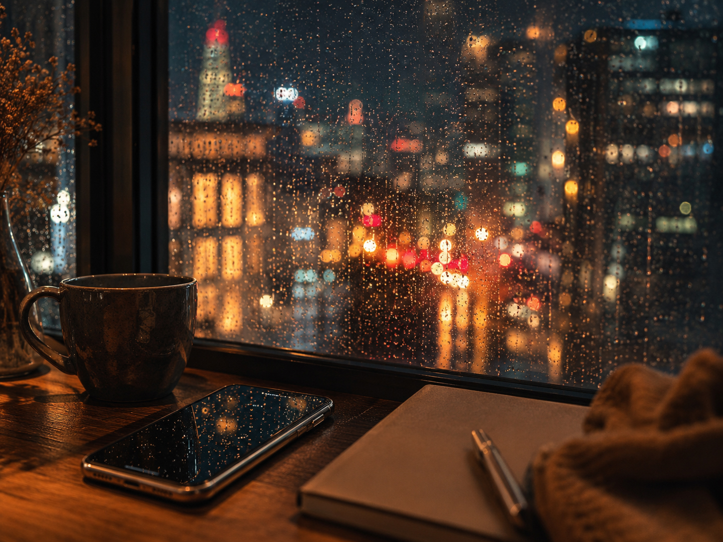 雨の窓辺のテーブルに置かれたスマートフォンとノート