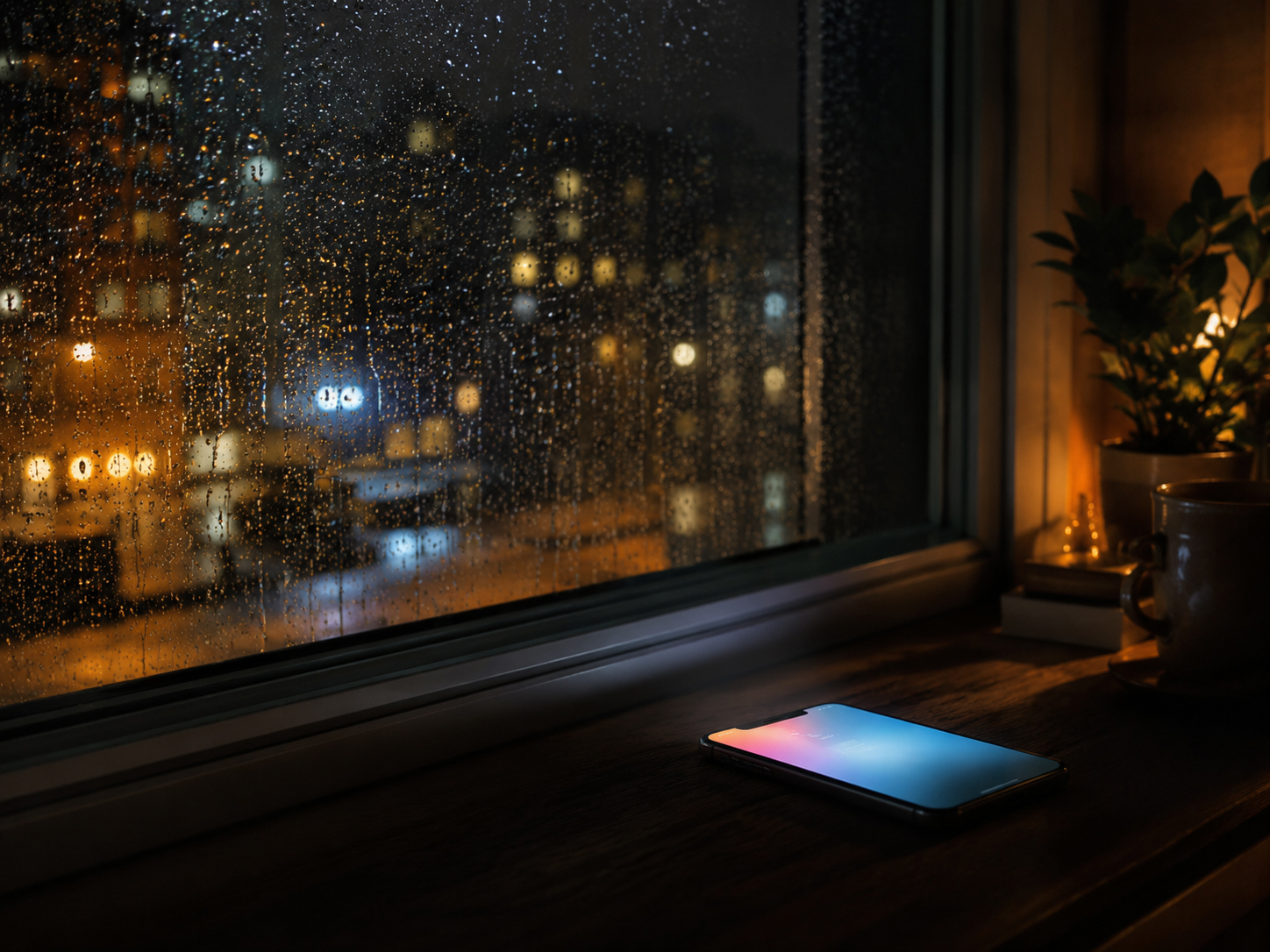 雨の窓と光る電話