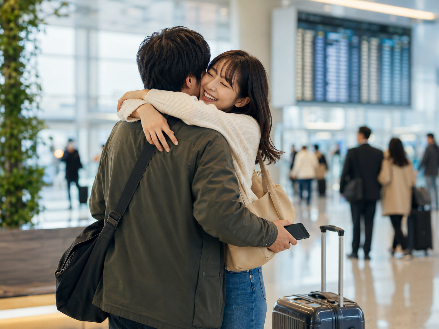 空港の到着ロビーで電話を持ち再会を待つ人
