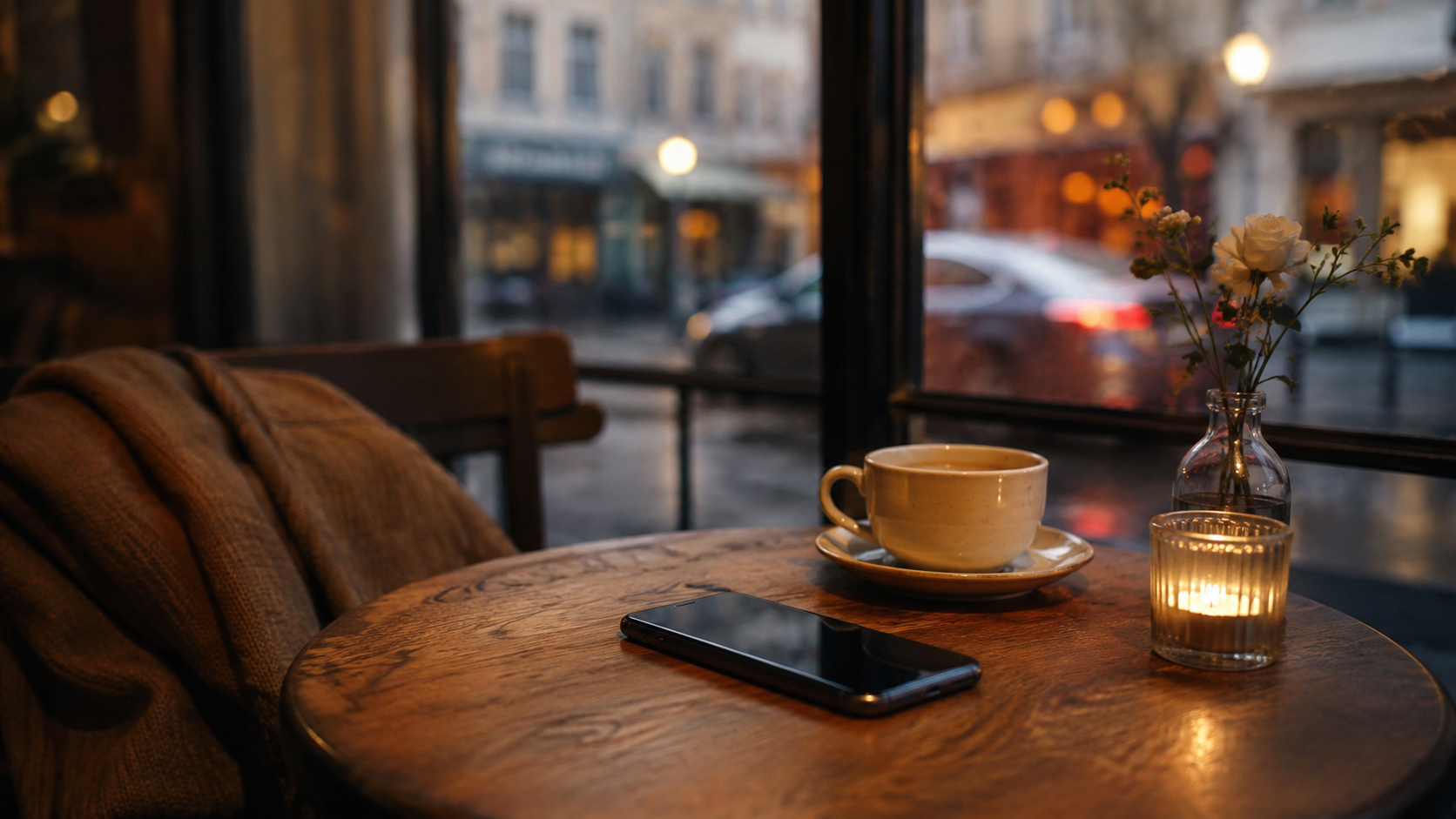 夕方のカフェのテーブルに置かれたスマートフォンが光る