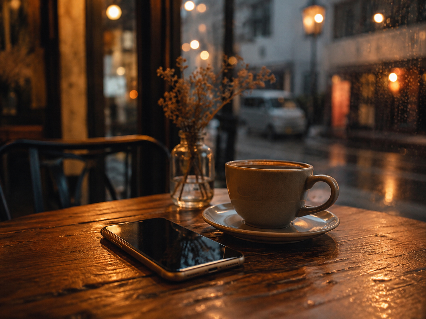 カフェのテーブルに置かれた電話