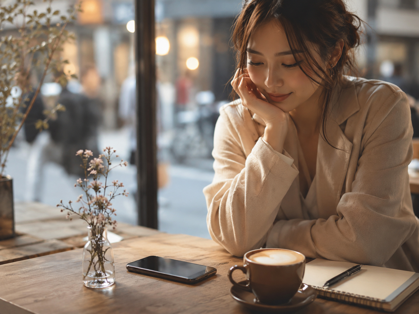 カフェのテーブルに置かれた電話