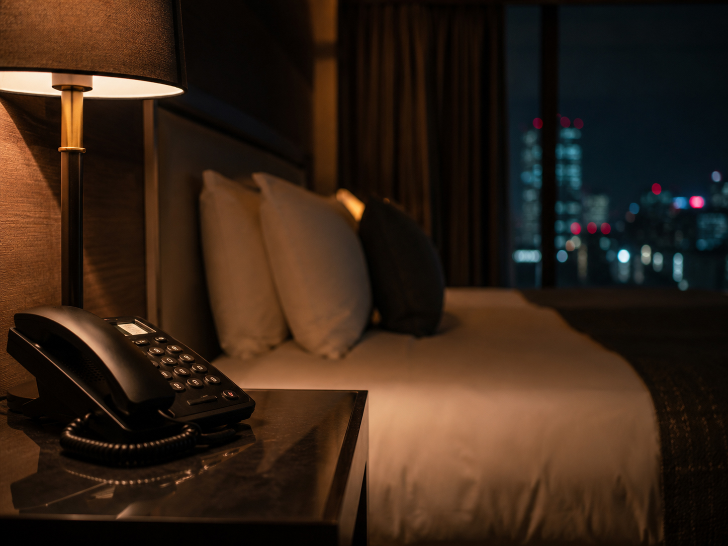 夜のホテルの部屋に置かれた電話
