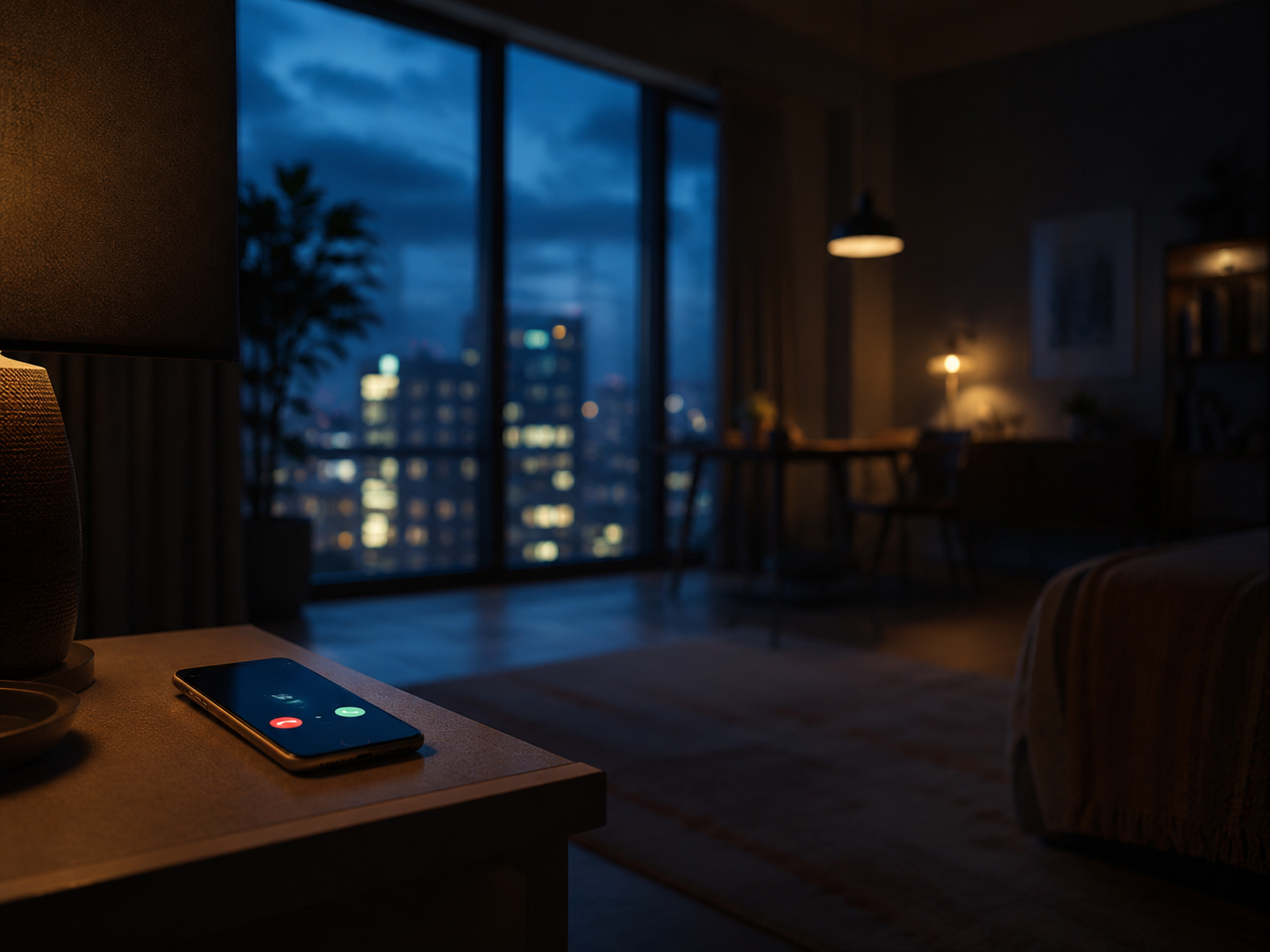 夕方の空き部屋とスマートフォン