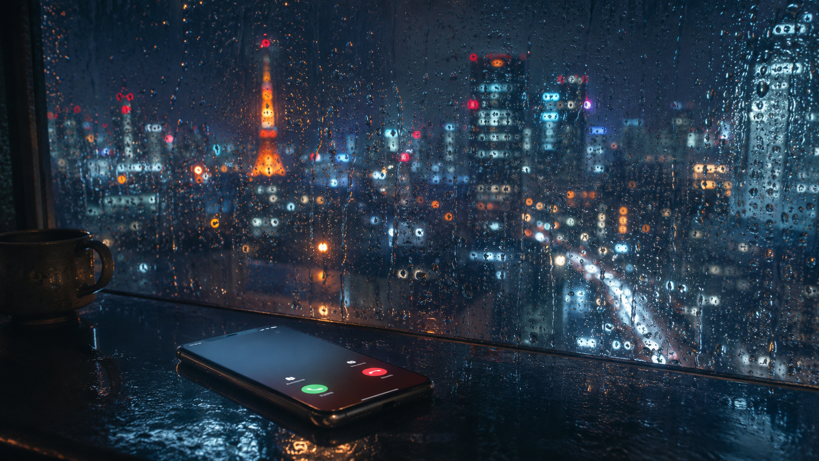 雨の東京の窓辺でスマートフォンが光る夜